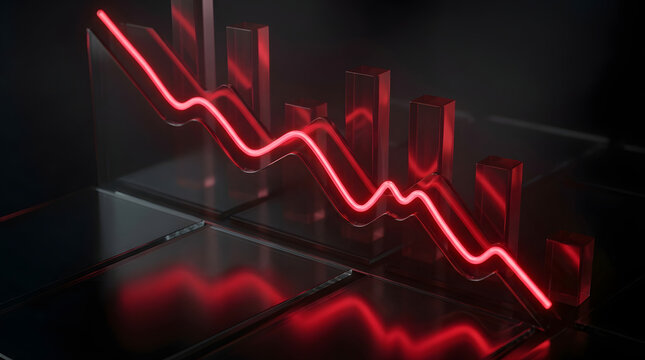 Glowing red stock market graph in a bearish downward trend on a dark futuristic financial interface, symbolizing risk, decline and volatility. AI Generated.