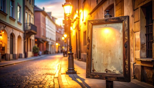 Cozy Evening Streetscape with Lanterns and Blank Signboard in Europe