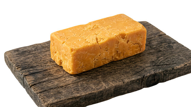 Aged cheddar cheese block resting on a rustic wooden board