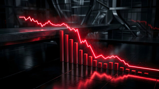Glowing red stock market graph in a bearish downward trend on a dark futuristic financial interface, symbolizing risk, decline and volatility. AI Generated.