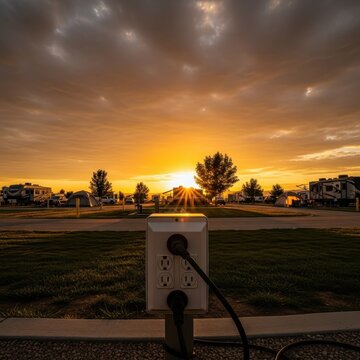 Electric outlet in RV park illuminated by beautiful sunset view