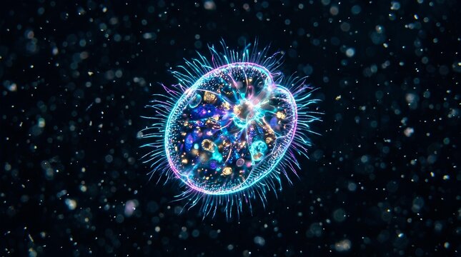 Glowing microscopic organism swimming in dark water.