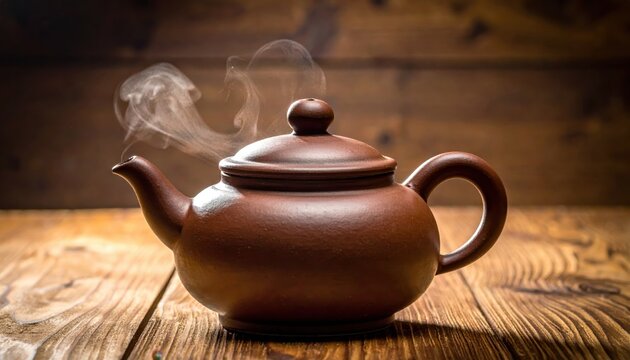 Elegant Brown Teapot with Steam on Rustic Wooden Table Surface