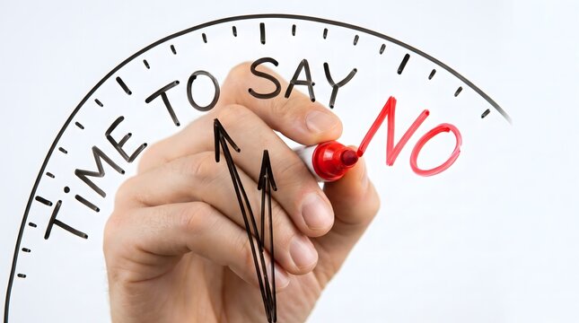 Hand Writing Time to Say No with Clock Drawing on Transparent Glass Board Business