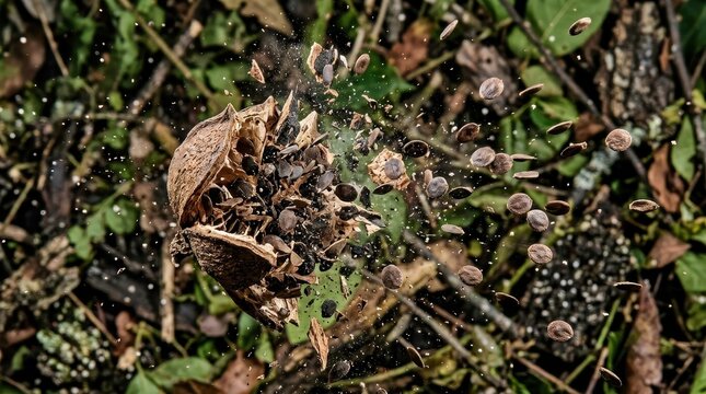 Exploding Seed Pod in Lush Green Environment Captured in Close-Up