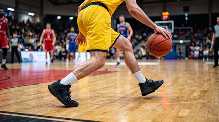 Fototapeta premium Low angle close-up of basketball players dribbling the ball on a polished indoor wooden court during a game. Dynamic sports action, yellow uniforms, and athletic sneakers