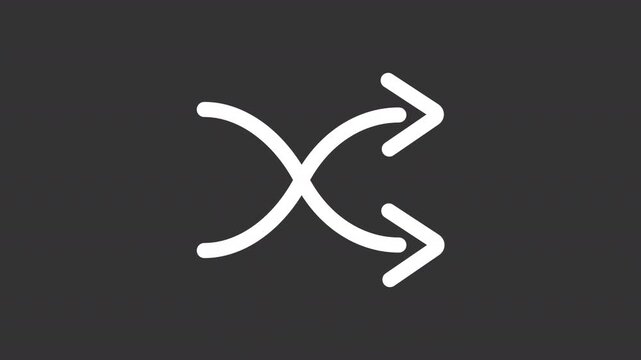 Animated audio track randomized playback white line icon. Randomization sign animation. Intersecting paths. Isolated element on dark background. Alpha transparent video