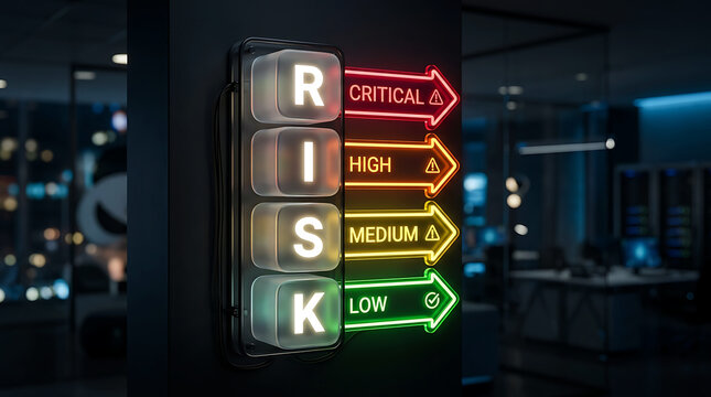 Neon Risk Assessment Scale Sign With Critical High Medium And Low Levels Display