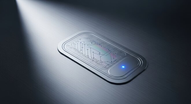 Modern NFC Technology Chip on Metallic Surface with Blue LED Light