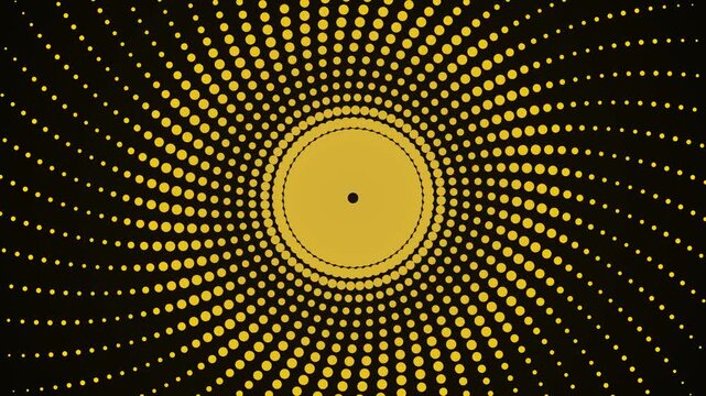 Elegant dark background with majestic golden halftone dots twisting in a hypnotic spiral. This seamless radiating motion graphic loop is perfect for luxury event designs.