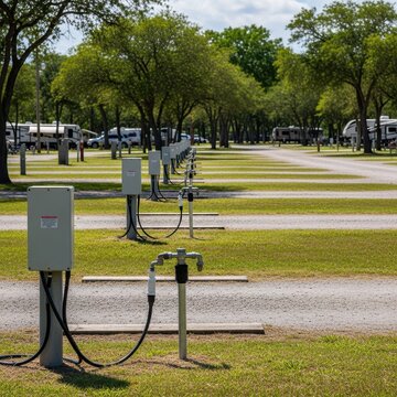 Row of Electric and Water Connections at RV Park for Camping Guests
