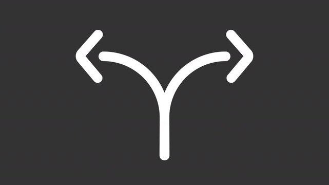 Animated two way direction indicator white line icon. Minimalist split arrow animation. Dual option symbol. Isolated element on dark background. Alpha transparent video
