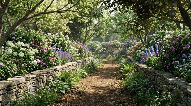 Serene Pathway Through Vibrant Flower Garden in Full Bloom