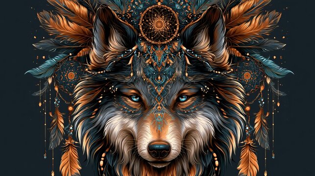 Wolf's face, decorated with a dream catcher, appears in a vector drawing.