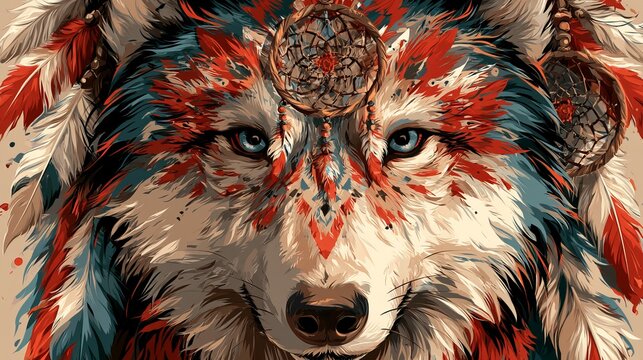 Wolf's face, decorated with a dream catcher, appears in a vector drawing.