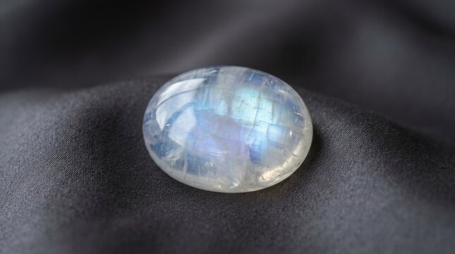 Luminous Rainbow Moonstone Gemstone Cabochon on Dark Silk Fabric.