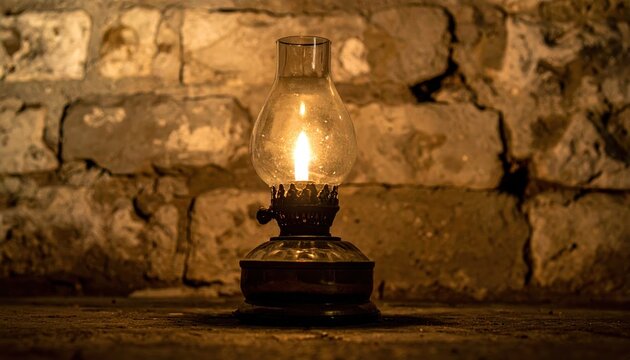 Vintage Oil Lamp Glowing Against Rustic Brick Wall Background