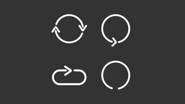Animated continuous repetition cycle white line icons. Geometric curved shapes animation set. Process refresh interface symbols. Isolated elements on dark background. Alpha channel HD video