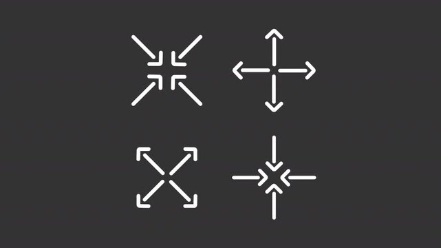 Animated symmetric arrow white line icons. Digital navigation design elements animation set. Four directional symbols. Isolated elements on dark background. Alpha channel HD video
