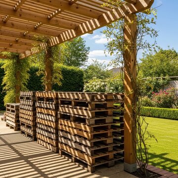 Wooden Pergola with Sunlight and Stacked Pallets in Garden Setting