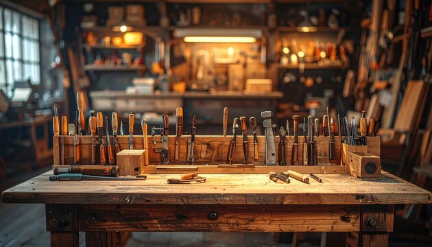 Wooden Workshop Table with Assorted Hand Tools and Equipment