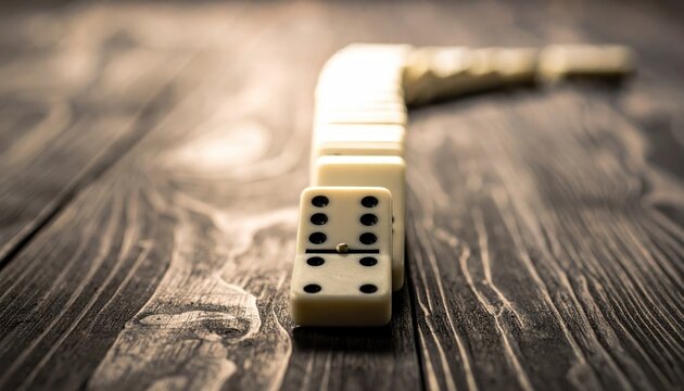 A Line of Dominos Ready to Fall on Dark Wooden Background