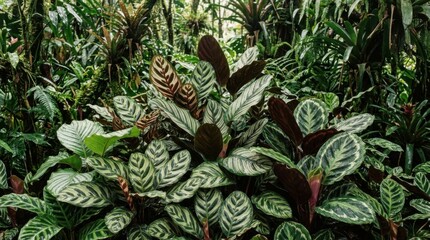 Obraz premium Lush tropical foliage with vibrant green leaves and intricate patterns in a dense jungle setting.