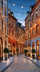 Fototapeta premium Snow falling on cobblestone street at night with string lights and warm building glow