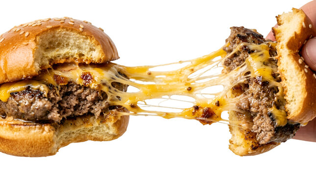 Cheeseburger pulled apart showing melted cheese stretch isolated