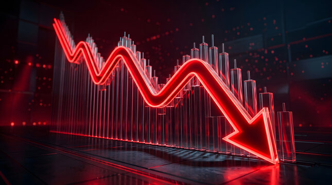 Futuristic red stock market graph falling across a dark glossy trading surface, symbolizing bearish trend, financial risk and volatility. AI Generated.