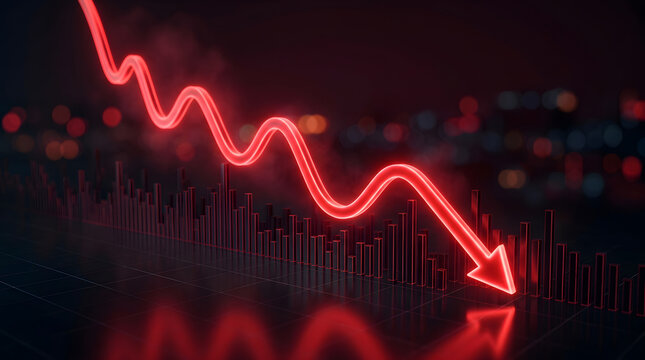Futuristic red stock market graph falling across a dark glossy trading surface, symbolizing bearish trend, financial risk and volatility. AI Generated.
