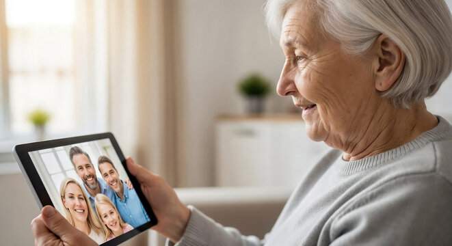 Senior woman enjoying video calling family on tablet. Elderly grandmother connects with loved ones during cheerful video calling family session.