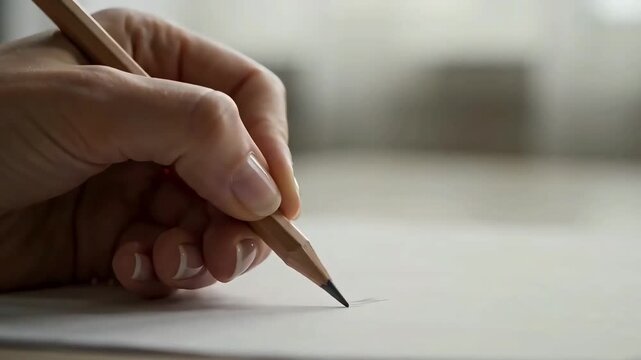 Close-up of a hand holding a pencil and writing on a blank white paper in soft lighting
