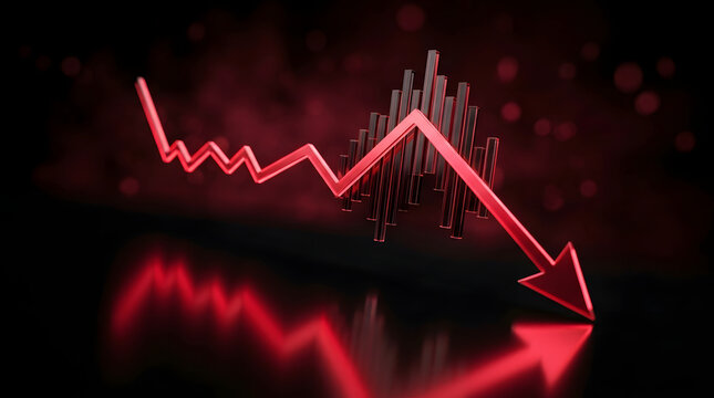 Futuristic red stock market graph falling across a dark glossy trading surface, symbolizing bearish trend, financial risk and volatility. AI Generated.