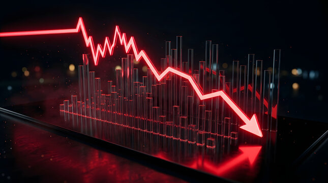 Futuristic red stock market graph falling across a dark glossy trading surface, symbolizing bearish trend, financial risk and volatility. AI Generated.