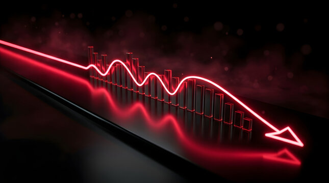 Futuristic red stock market graph falling across a dark glossy trading surface, symbolizing bearish trend, financial risk and volatility. AI Generated.