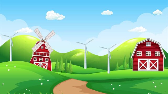 Cartoon Farm Landscape with Red Barn