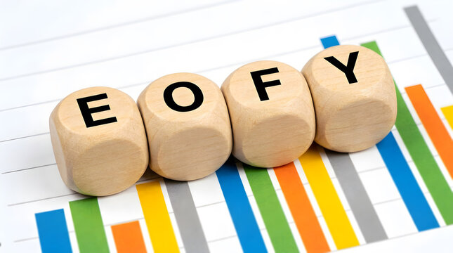Wooden cubes with the letters EOFY spelling end of financial year sitting on a colorful bar chart representing business growth and fiscal performance