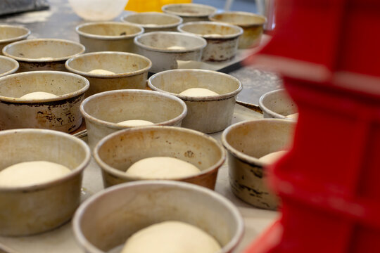 multiple dough balls sit inside well used round metal baking molds on bakery prep table, with shallow focus highlighting front row molds and flour dust texture view