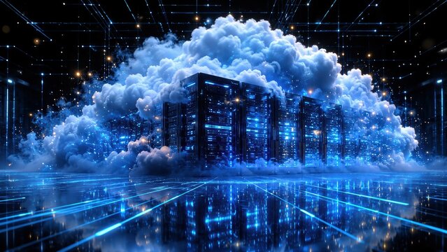 Digital Cloud Metropolis: Towering skyscrapers emerge from a surreal blue cloud formation, set against a backdrop of futuristic data servers and glowing network lines.