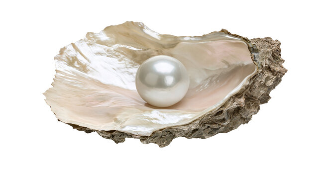 Large white pearl resting in an open oyster shell with iridescent interior