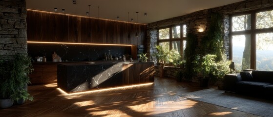Fototapeta premium Modern luxury kitchen interior with dark stone island and natural light