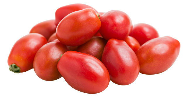 Pile of ripe red Roma tomatoes with green stems