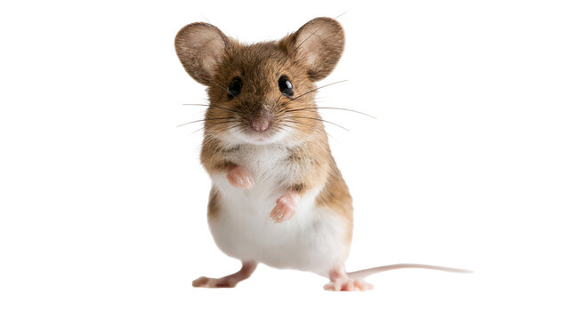 Small brown and white mouse standing on hind legs