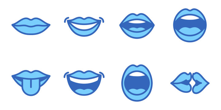 Collection of blue cartoon lips in various expressions and styles.