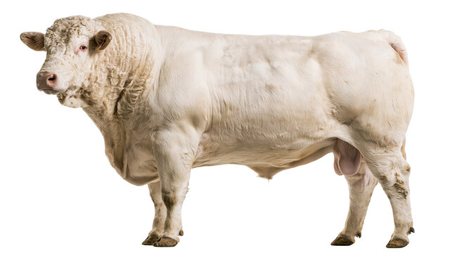 Muscular white Charolais bull standing profile view