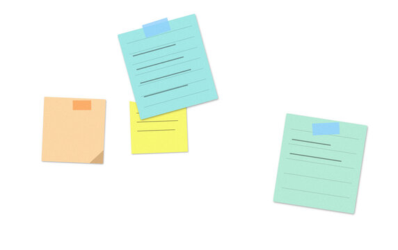 Colorful sticky notes and paper sheets with handwritten text attached with tape isolated on a clean white background