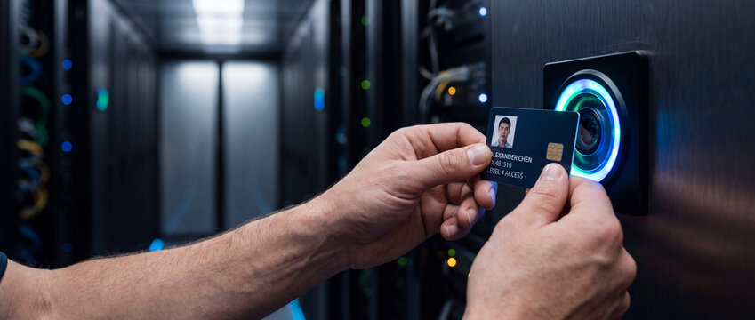 Technician using access card reader for secure entry to data center server room