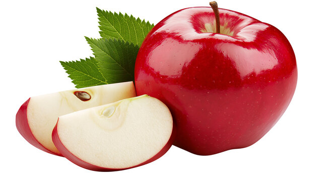 Whole red apple with two slices and green leaves