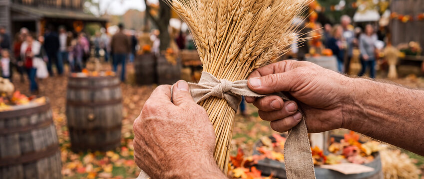Hands tying wheat bundle at autumn harvest festival with rustic farm market background